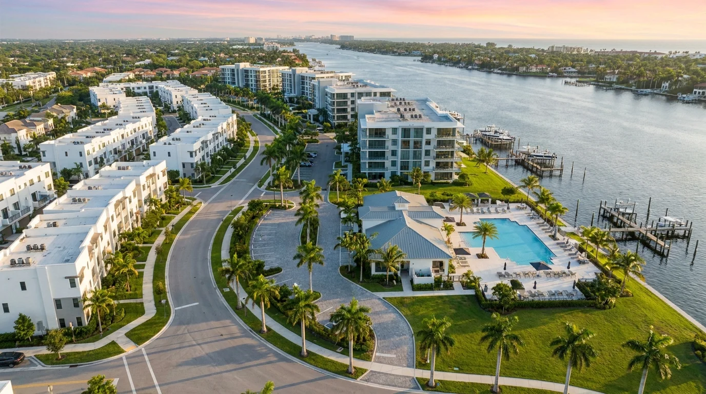 Aerial view of a waterfront South Florida residential community