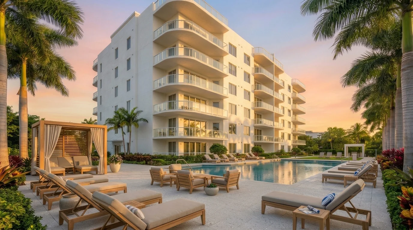 South Florida condominium community pool deck at golden hour