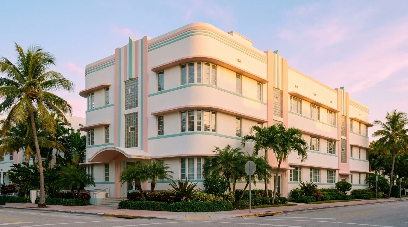 Miami Beach Art Deco low-rise condominium at golden hour