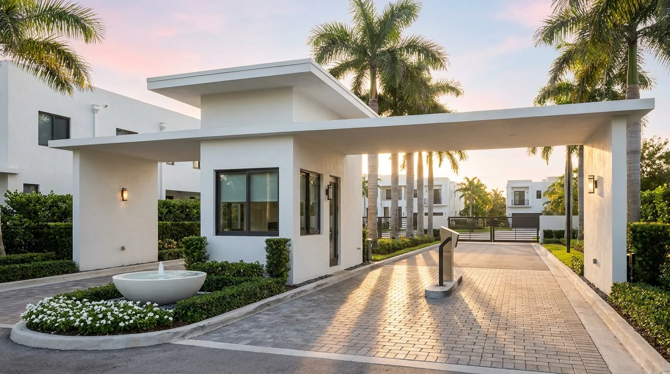 Gated South Florida townhome community entrance with fountain